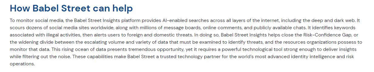 Advertising Materials from surveillance company Babel Street. The headline reads "How Babel Street Can Help"